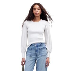 Madewell White Ribbed Puff Sleeve Top Medium Slim Fit Long Sleeve NWT
